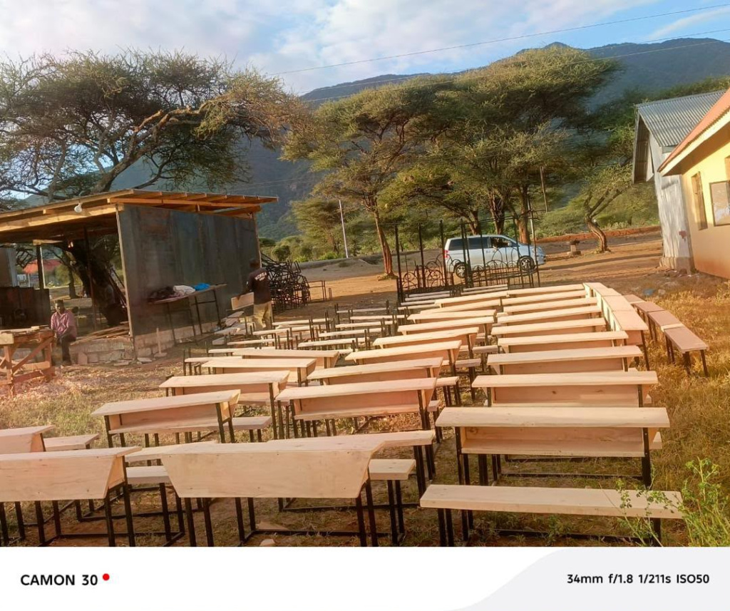 Rows of newly built school desks ready for students in Tanzania